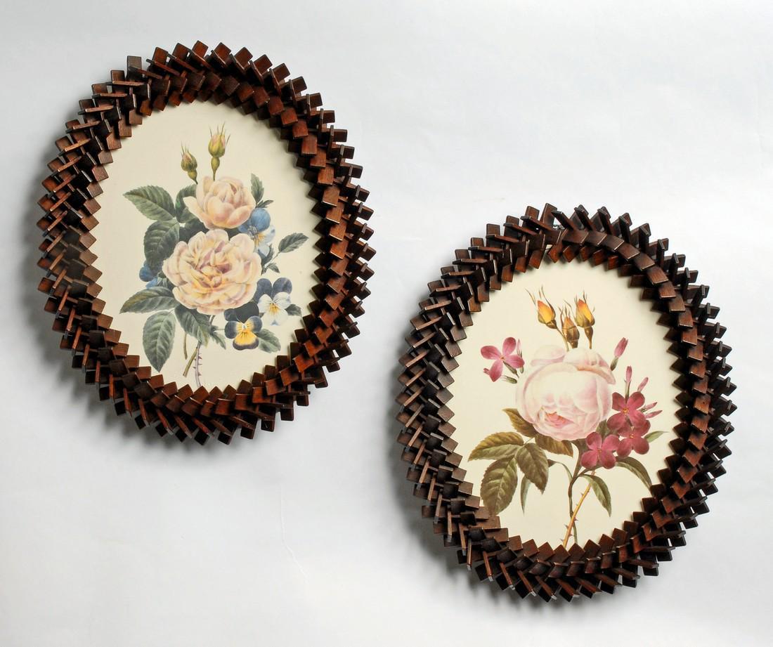 Rare Pair of Tramp Art Frames: Title: Rare Pair of Tramp Art Frames Description: Pair of tramp art puzzlework frames. These were made without any glue or nails and there is glass covering each floral print. Not common to see these 