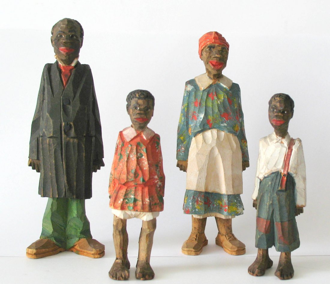 Great group of four folk art carvings: Title: Great group of four folk art carvings. Description: These are a really great group of four folk art carvings by the famous Southern carver Adrian R Woodall. Consisting of a man, woman and two c