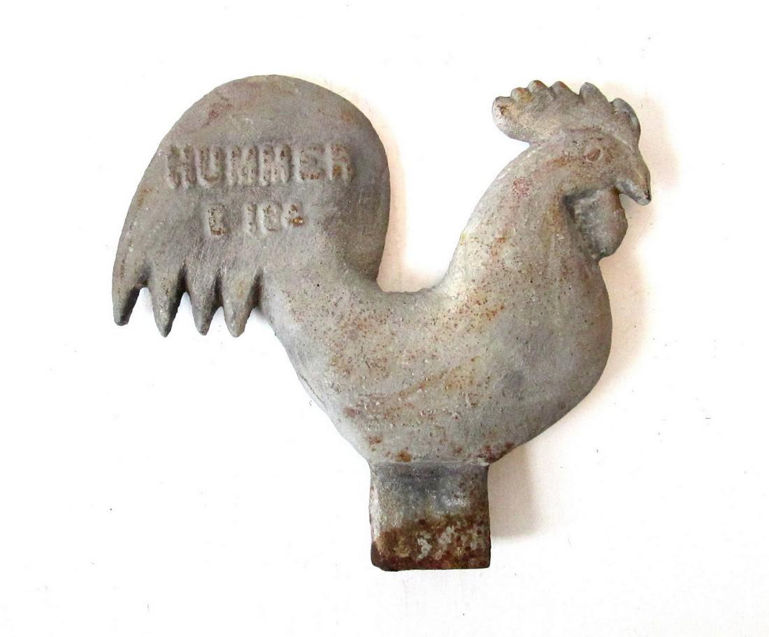 Rooster Windmill Weight: Title: Rooster Windmill Weight Date: C 1900 Material: Cast Iron Dimension: 8 1/2”H X 9 1/4”W X 1 3/8”D Provenance/Additional Info: Made by Elgin Wind Power & Pump Co, Beatrice, NE, embossed “H