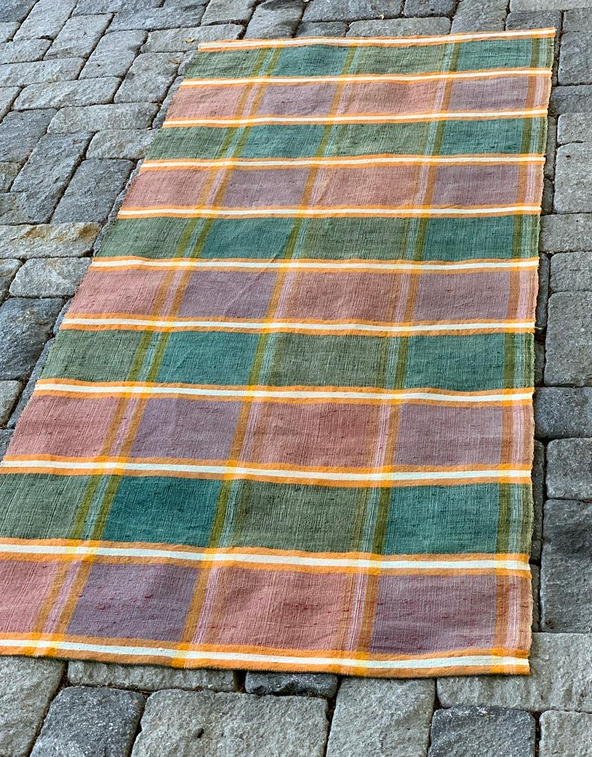 c. 1900 Rag Carpet with Complex Plaid: Title: c. 1900 Rag Carpet with Complex Plaid Description: Salmon, green, mustard, ivory & yellow. Dimension: 7 ft. 7 in. x 41 in. Circa: c. 1900 Shipping: Domestic: Flat-rate of $30.00 to anywhere wit