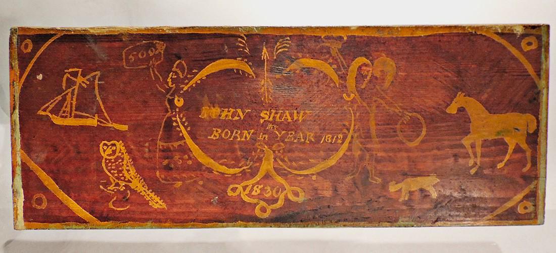 John Shaw Painted Birth Panel: Title: John Shaw Painted Birth Panel Dimension: 6 1/4" H x 16 1/4" L Provenance/Additional Info: Charming & interesting naïve Folk Art painted wooden panel birth sign of John Shaw / Born in Year 1812