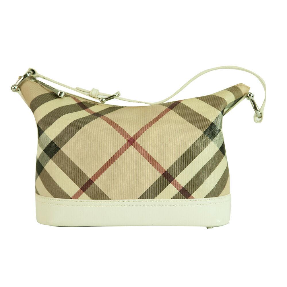 Burberry White Patent Leather Signature Check Canvas: Burberry White Patent Leather Signature Check Canvas Hobo Handbag Shoulder Bag Carry your things in style with this Burberry signature bag. It features white patent leather top shoulder strap, zipper