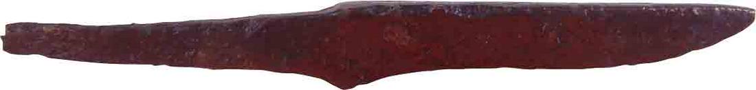 ANCIENT VIKING POUCH KNIFE, 9th-11th CENTURY: Just over 3 5/8” total length. Thick wedge section blade. Short whittle tang, to secure it to the wood, bone, or antler grip, now perished. Good profile and preservation. These side or pouch knives