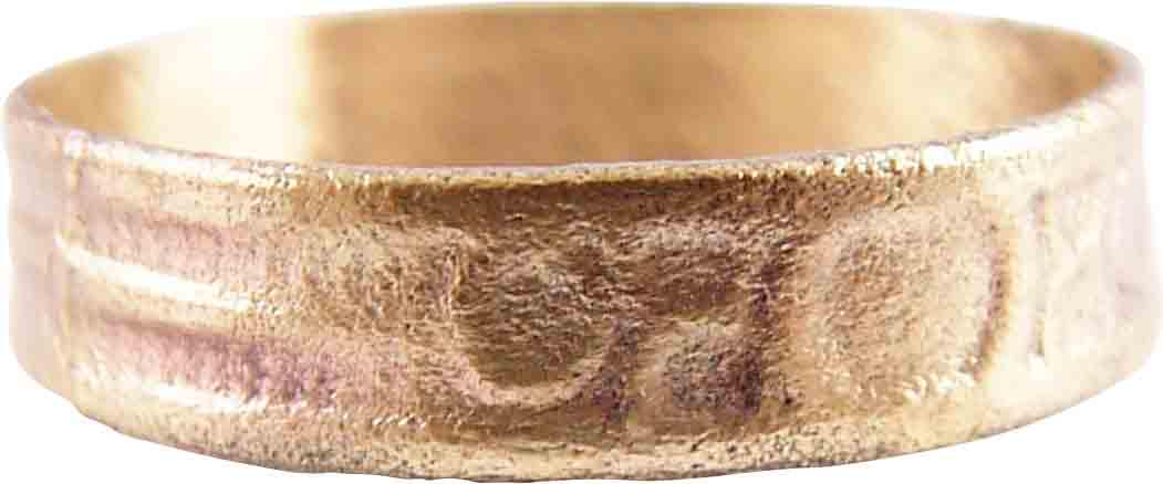 ANCIENT VIKING MAN’S WEDDING RING, SIZE 11: Late 9th-early 11th century AD. Size 11. flat face, 5.3mm width, with two uniformly spaced depressed bands of transverse hatching flanking a central circle between triple circle clusters. Those figure