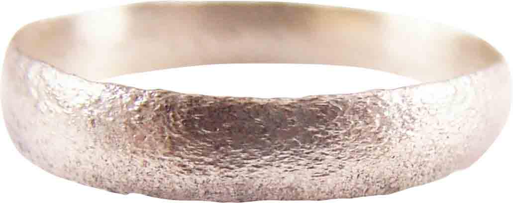 VIKING WEDDING RING, 9TH-10TH CENTURY AD SIZE 11: Gilt bronze. Wide 3.9mm finely made with rounded face. Lightly textured from burial and professionally refurbished with the pure silver surface restored. Rare large wearable size. Gift boxed with cert