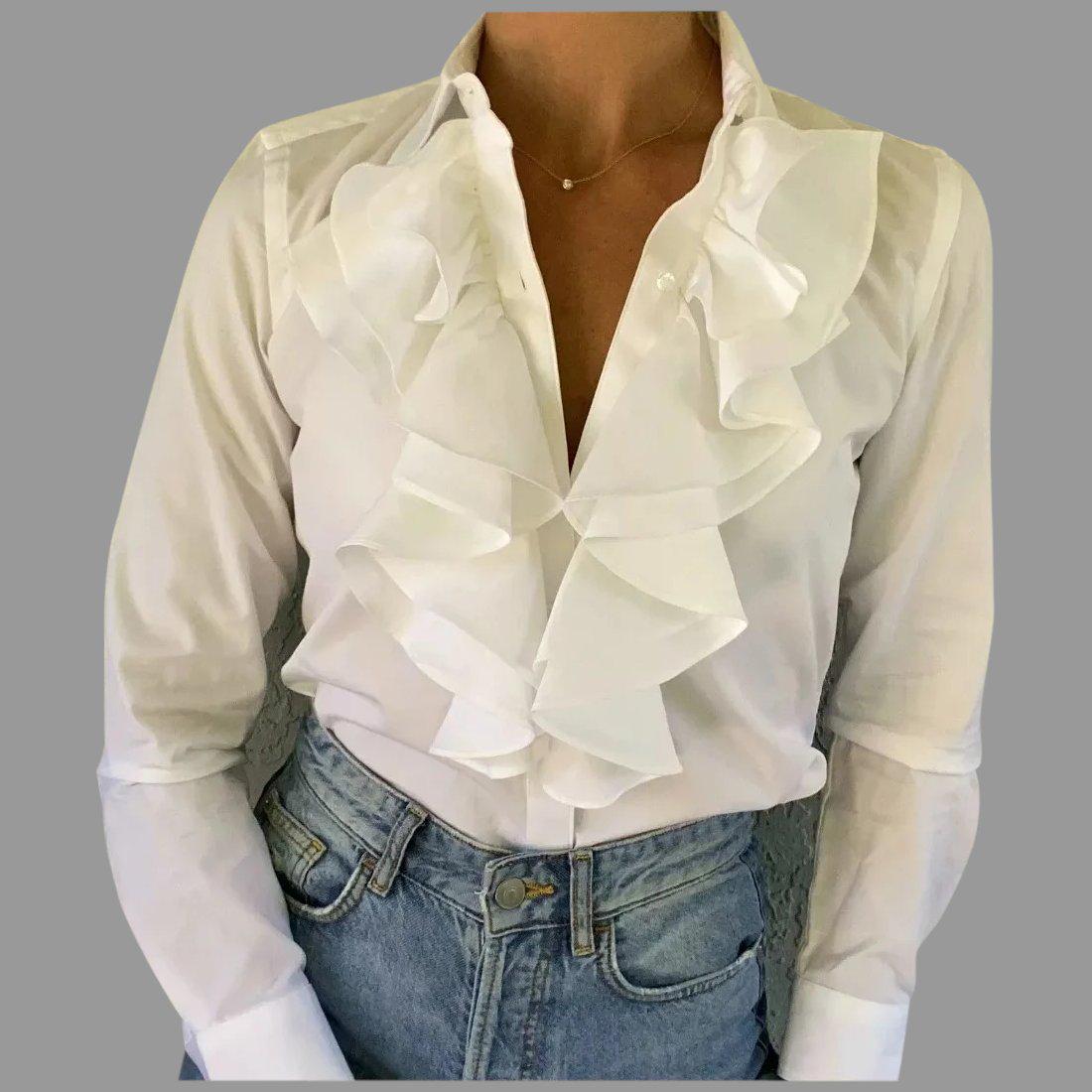 Vtg Ralph Lauren Iconic white Ruffled cotton Blouse P/S: Button Front Full Ruffled front Iconic Ralph Lauren Cotton crisp white blouse. Like almost new. Stunning. Size-P/S Please note that the Starting Price is equal to the Reserve Price. Reserve: $60.00 Sh