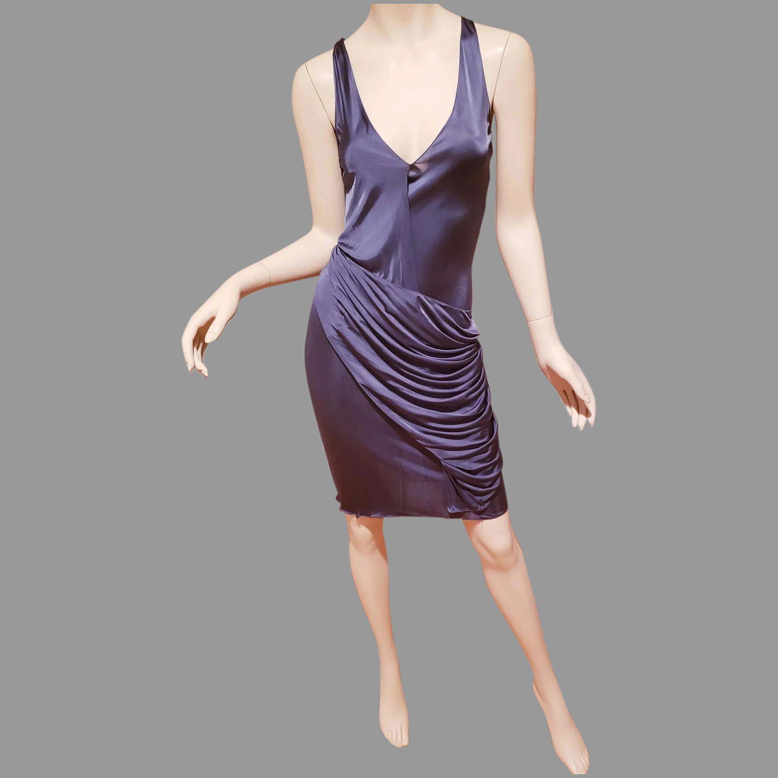 Vtg Christian Dior Paris Steel Grey sensual draped slip: stunning unusual draped dress by Christian Dior. The fine Viscose material feels like silk. It is a two layer diagonal drape over with a couple of lace applique with Rhinestone crystal and pearls. . A