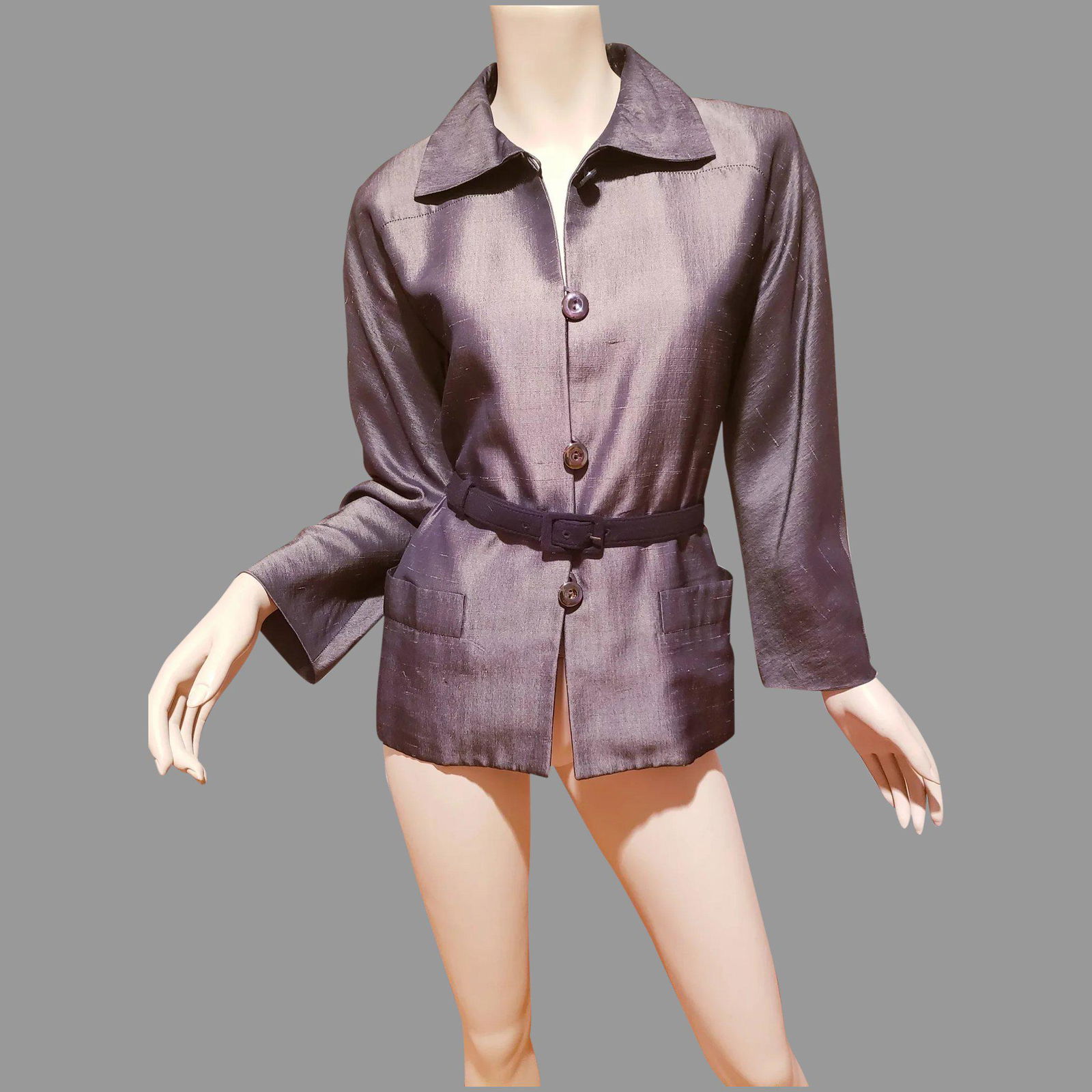 Yves Saint Laurent silk pewter Jacket Paris France: Stunning Couture Jacket in silk Pewter by Couturier Yves saint Laurent , Paris Pewter Buttons and an added black belt. Tailored Rive Gauche in a classic style In amazing vintage condition. Size- Euro-