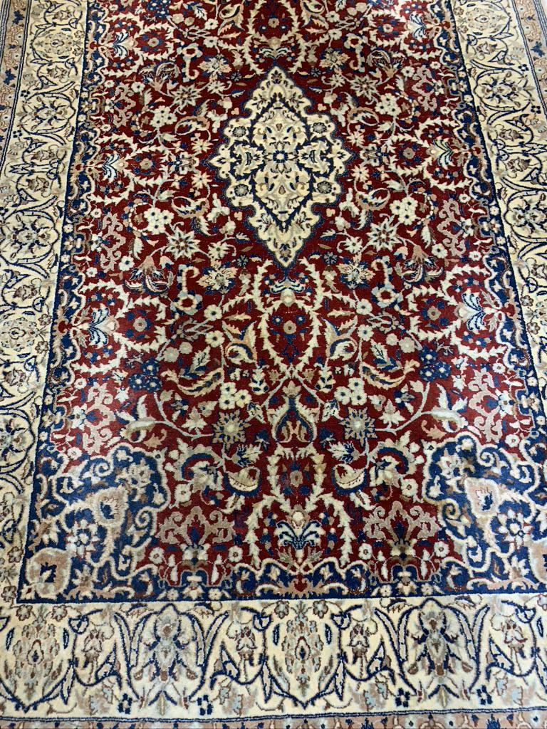 Semi Antique Hand Woven Persian Silk&Wool Nain 6.1x3.8: Title: Semi Antique Hand Woven Persian Silk&Wool Nain 6.1x3.8 Description: Semi Antique Hand Woven Persian Silk&Wool Nain 6.1x3.8 Size: 6.1x3.8 Origin: 1980 Material: Iran Circa:100 % Wool Reserve: $5