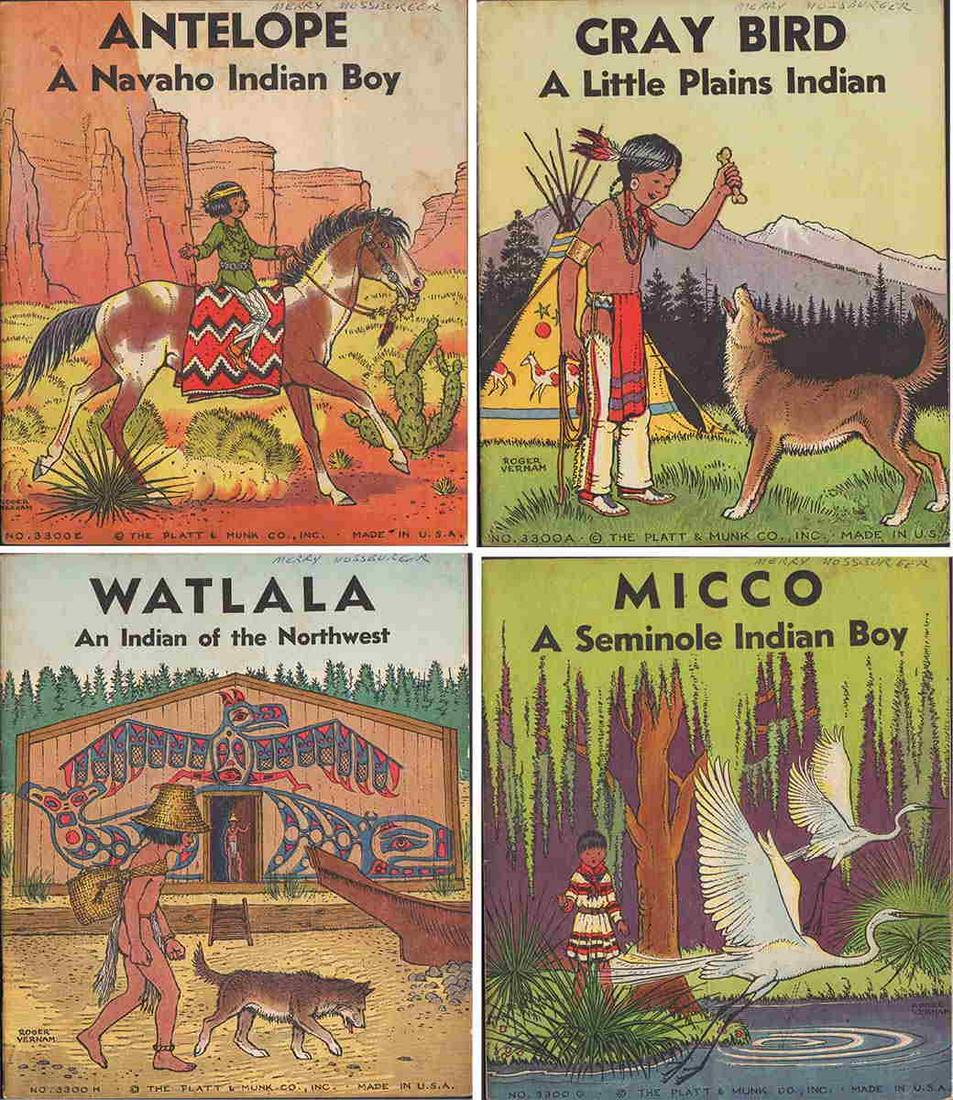 Hard-to-find 1935 children’s book set: Complete 8-book set of children's books about American Indian children. Each book is twelve pages, with five full-page color illustrations and seven half-page illustrations, all by Roger Vernam. Extre