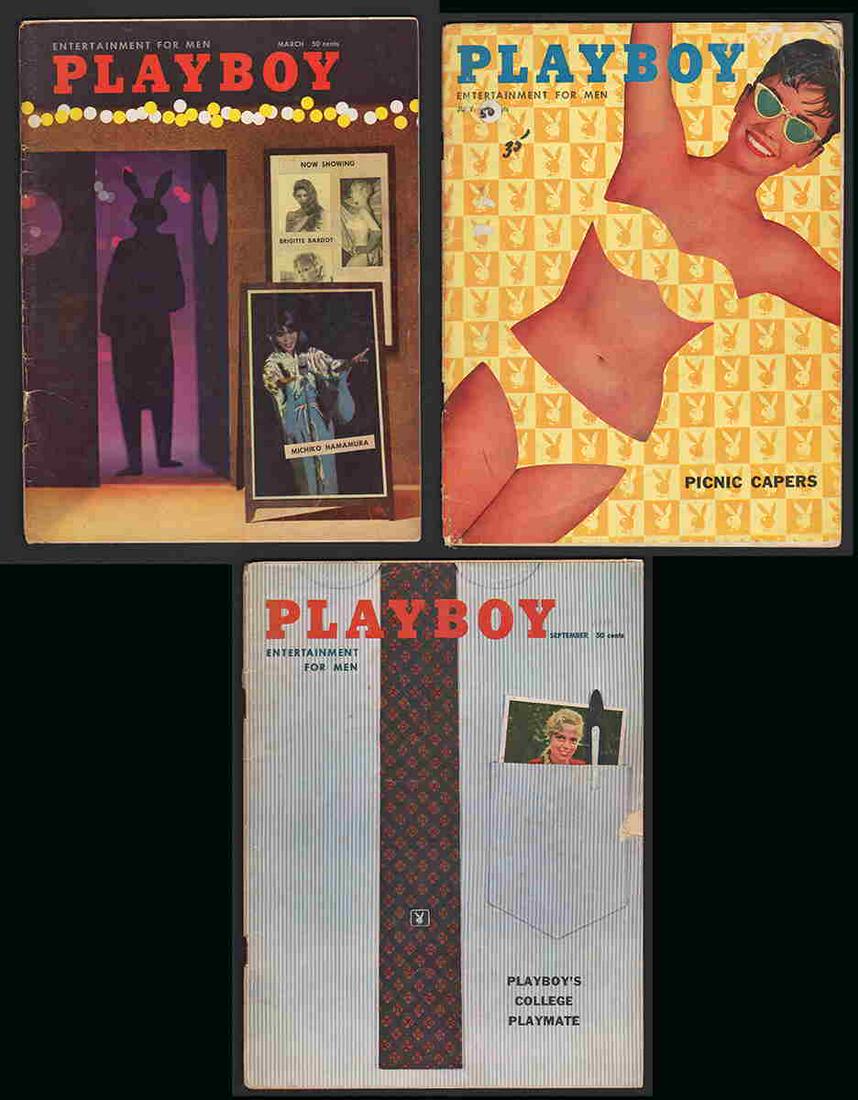 Playboy - March, July, Sept. 1958: Three early issues of the iconic, culture-changing magazine. (1) March, 1958 with Brigitte Bardot missing pages 35-38 and 75-76. Foldout present. Typical wear to covers and spine. Fair. 80 pp. (2) Jul