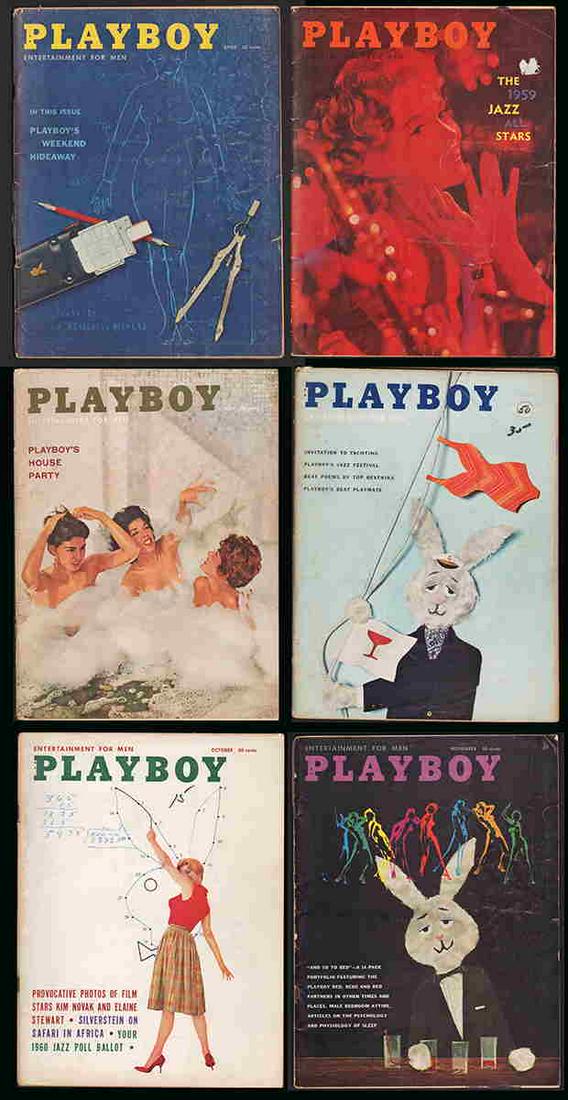 Playboy - 6 issues from 1959: Six issues from Volume 6 of the iconic, culture-changing magazine. (1) February, 1959 with foldout present. Typical wear to covers and spine. Fair (missing pages 59-64). 80 pp. (2) April, 1959 with fo