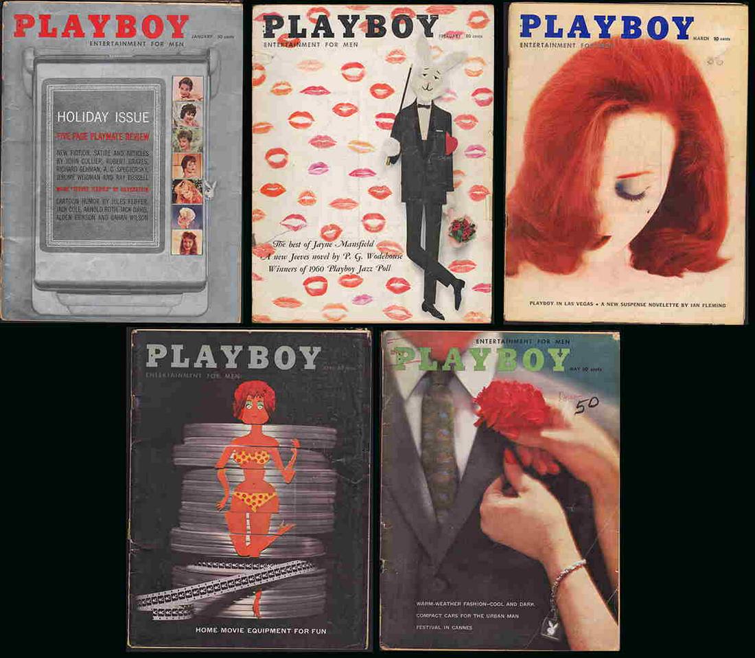 Playboy – 5 issues from 1960: January through May of 1960 of the iconic magazine. (1) January, 1960 complete with foldout present. Normal wear. Good. 88 pp. (2) February, 1960 with foldout present. Several photos of Jayne Mansfiel