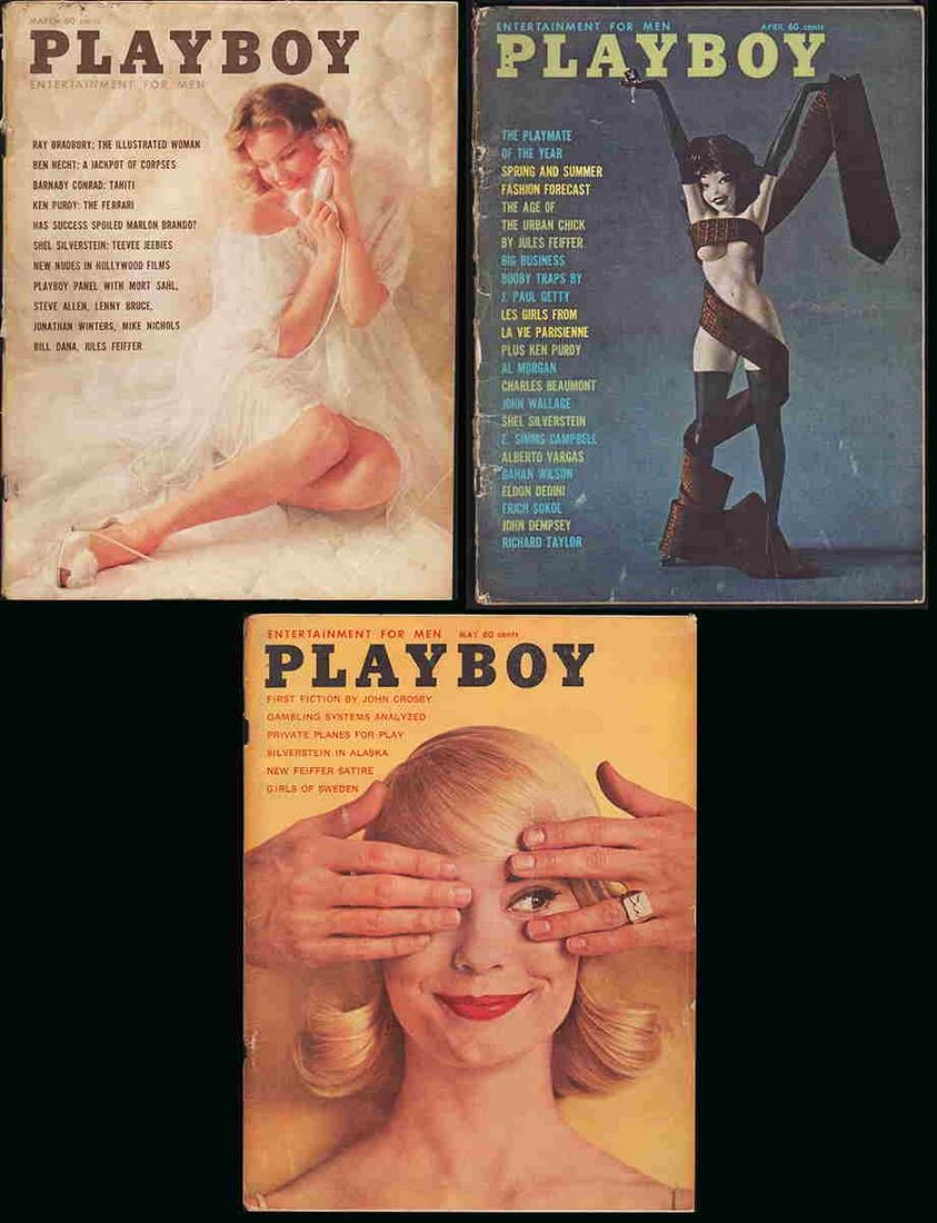 Playboy – 3 issues from 1961: Three early issues of the iconic magazine. (1) March, 1961 complete with foldout present. Normal wear. 136 pp. Good. (2) April, 1961 with foldout present. Normal wear with ten pages missing. Fair. 152