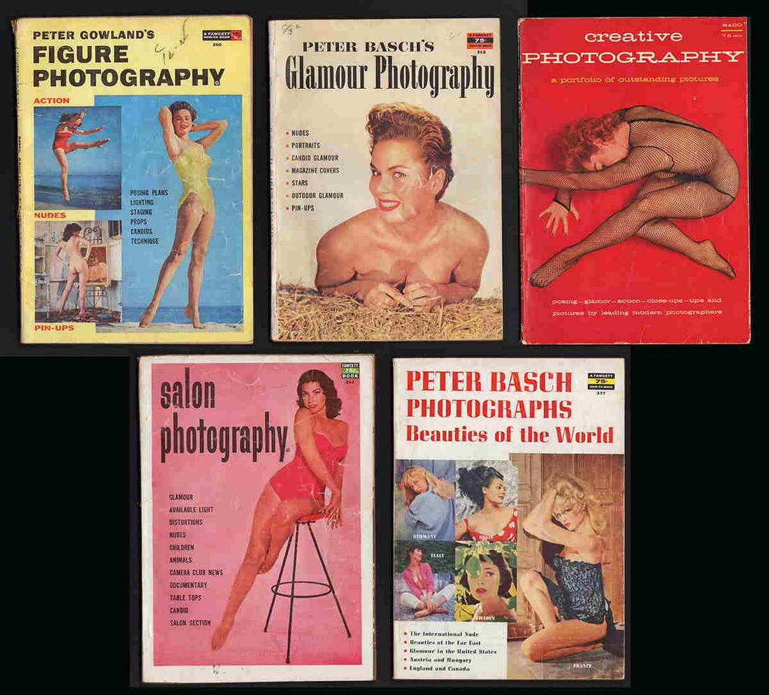 1950s Figure/Pinup mags w/Betty Paige, others: Five photography magazines from the 1950s featuring figure, glamour, nude, pinup and salon photography by Peter Gowland, Peter Basch and others. Pinup shots of Jayne Mansfield, Bridget Bardot, Anita E