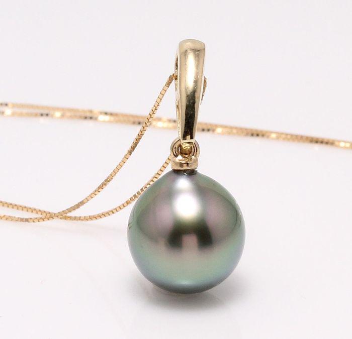 14 kt. Yellow Gold -10x11mm Peacock Tahitian Pearl Drop: Produced in the tropical lagoons of French Polynesia, this pearl has been selected for its natural beautiful peacock green colour and its bright luxurious lustre. The yellow gold enhances the hues of 
