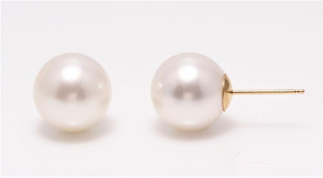 18 kt. Yellow Gold - 10x11mm Lustrous South Sea Pearls: Produced by the Pinctada Maxima oyster in the warm waters of Australia, these pearls have a vibrant white colour and rich luxurious luster. They look beautiful as studs on the ear. Pearl information: