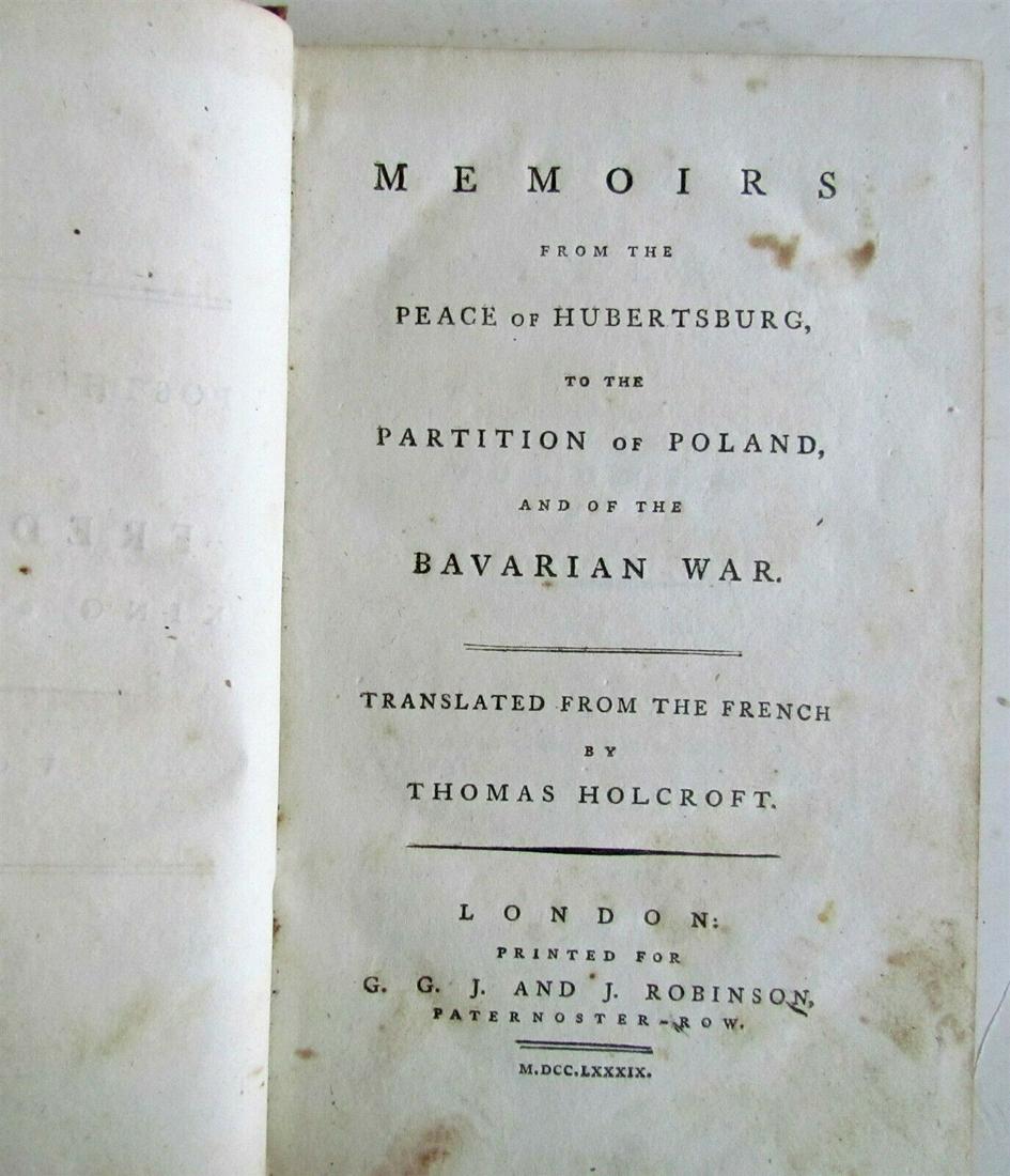 1789 MEMOIRS FROM THE PEACE OF HUBERTSBURG antique: MEMOIRS FROM THE PEACE OF HUBERTSBURG TO THE PARTITION OF POLAND AND OF THE BAVARIAN WAR London, 1789 Volume IV 386 pages. Some wear of the leather binding. Very good condition of pages. Size 5.5 by 8
