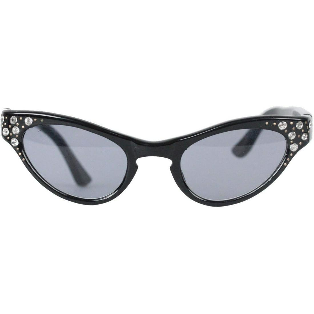Vintage 1950s Rare Cat-Eye Sunglasses 44-22 Crystals: Unique vintage cat-eye sunglasses that are always timeless and always classy. Made with an acetate black based frame with rhinestones and small golden studs detailing on corners Metal hinges and UV pr