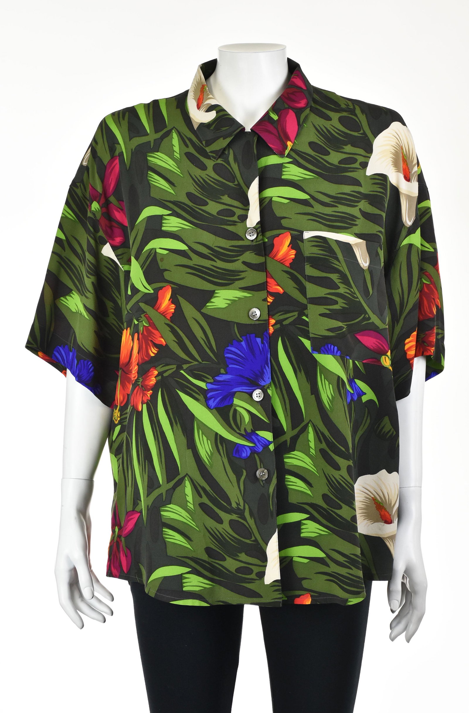ANNE KLEIN Vintage Silk Hawaiian Shirt: Vintage Hawaiian style shirt from Anne Klein features boldly colored tropical flowers on a green background. 100% silk. Labeled size 14. MEASUREMENTS - Shoulder width is 23" - Chest is 49" after doubl