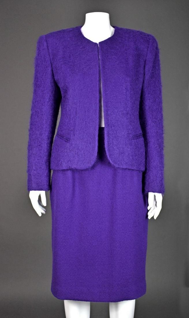 CHRISTIAN DIOR Vintage Purple Mohair & Wool Skirt Suit: Stunning purple 2-pc skirt suit from Christian Dior. Open jacket is made in a dense, fuzzy mohair and has besom pockets. Pencil skirt is a boucle wool, making an interesting contrast in textures with