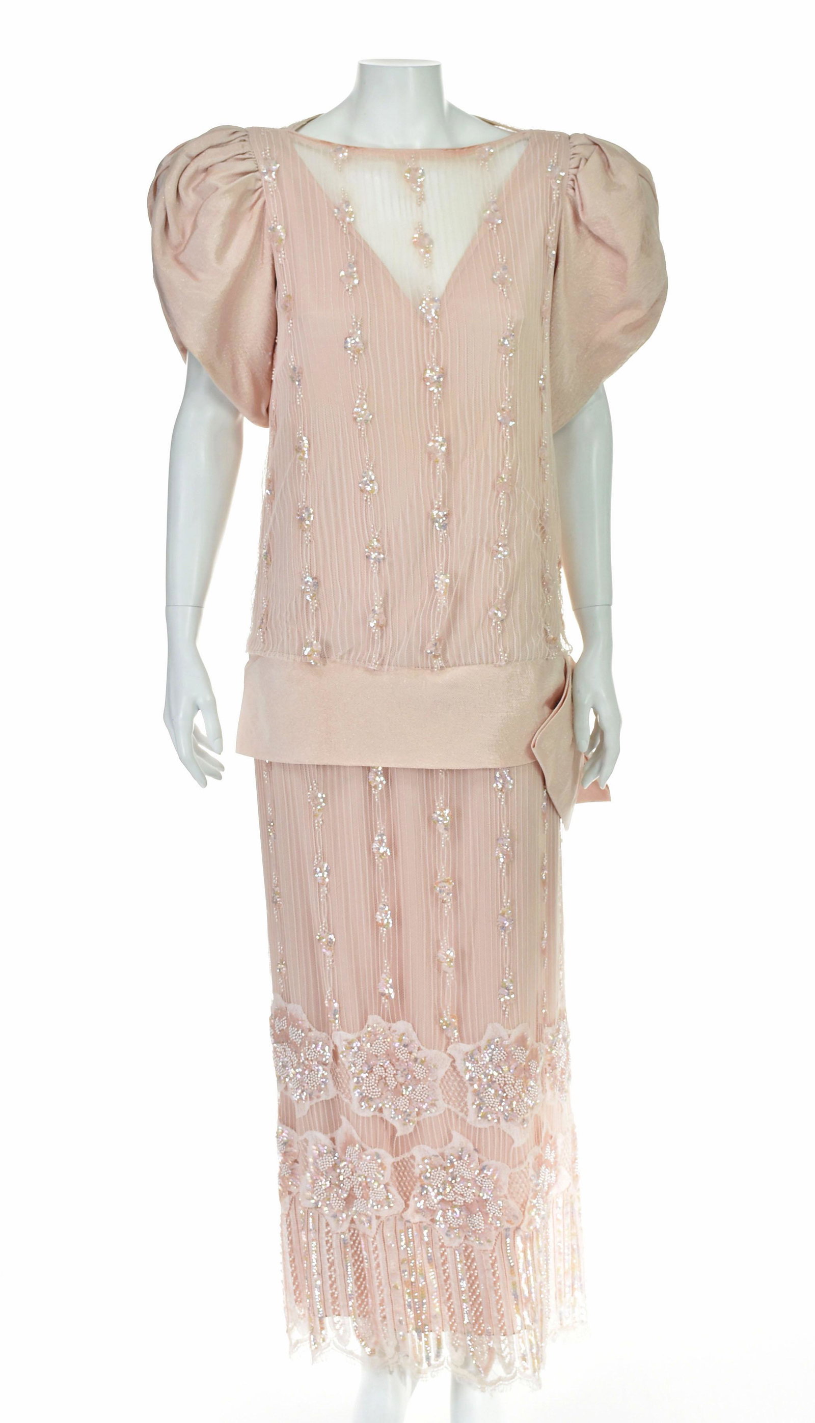 DIGNA YERO Vintage Pink Lace Dress: This lovely vintage dress is from Digna Yero for Neiman Marcus is made from delicate lace embellished with irridescent beads and sequins on top of a layer of pink chiffon. The sleeves and dropped wais