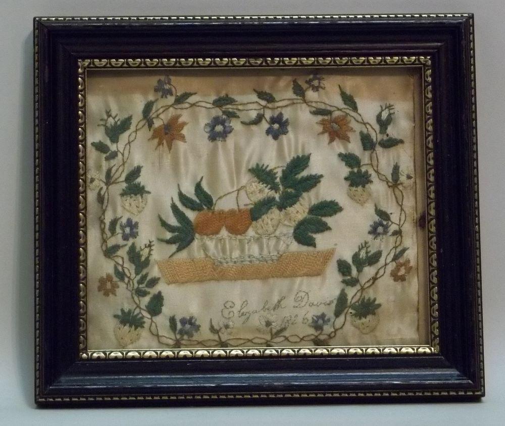Framed Silk on Silk Needlework: Title: Framed Silk on Silk Needlework Date: Dated 1826 Material/Origin: American or English Dimension: Overall size: 8" x 9"; Sight size: 5 5/8" x 6 3/4". Provenance/Additional Info: Satin stitched ba
