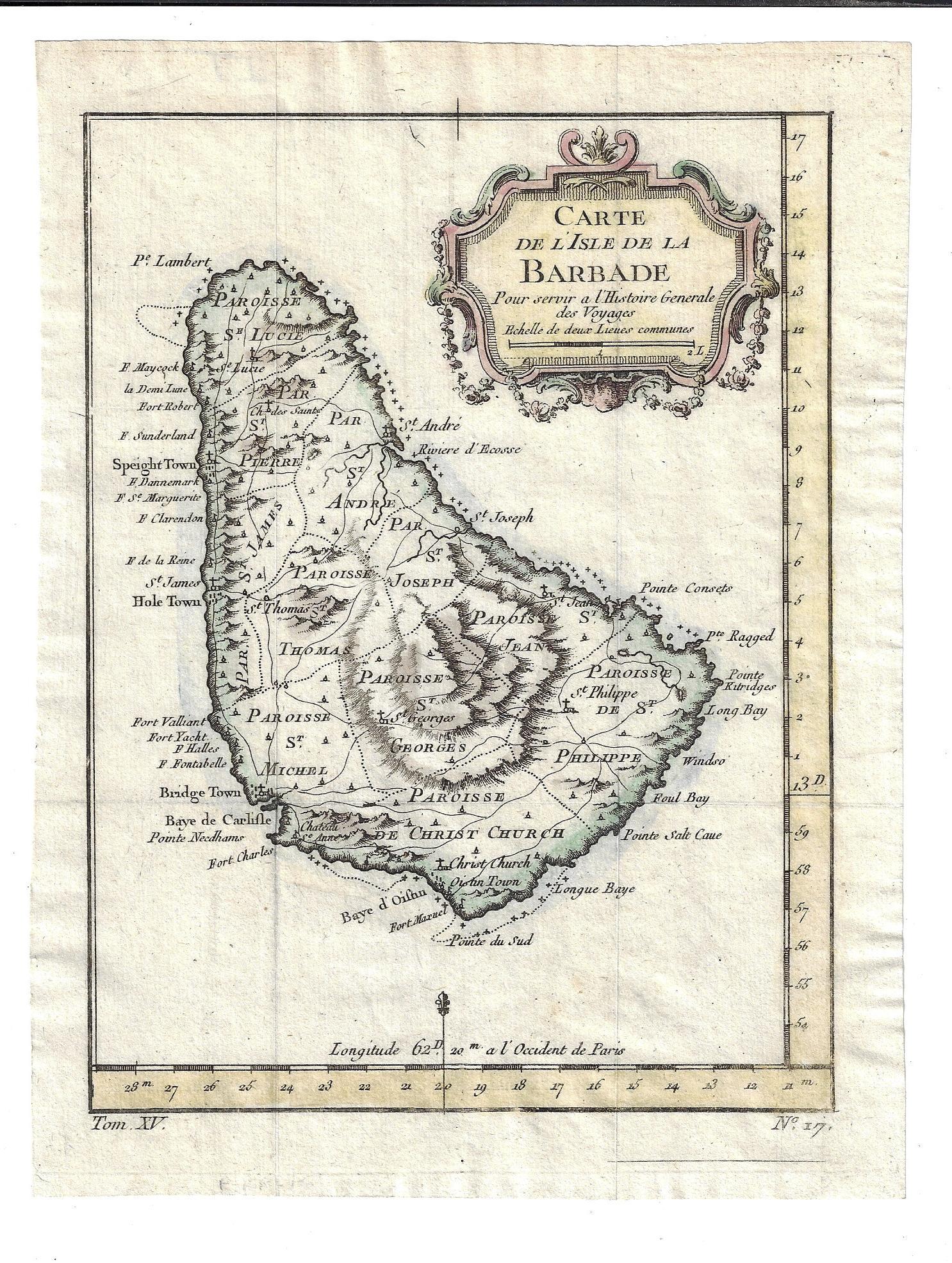1754 Bellin Map of Barbados: Carte De L'Isle de la Barbade.., printed by Jacques Bellin , 1754. Light tinting, map of the island of Barbados, printed at Paris. Fine, measures 7 x 9". Reserve: $80.00 Shipping: Domestic: Flat-rate 