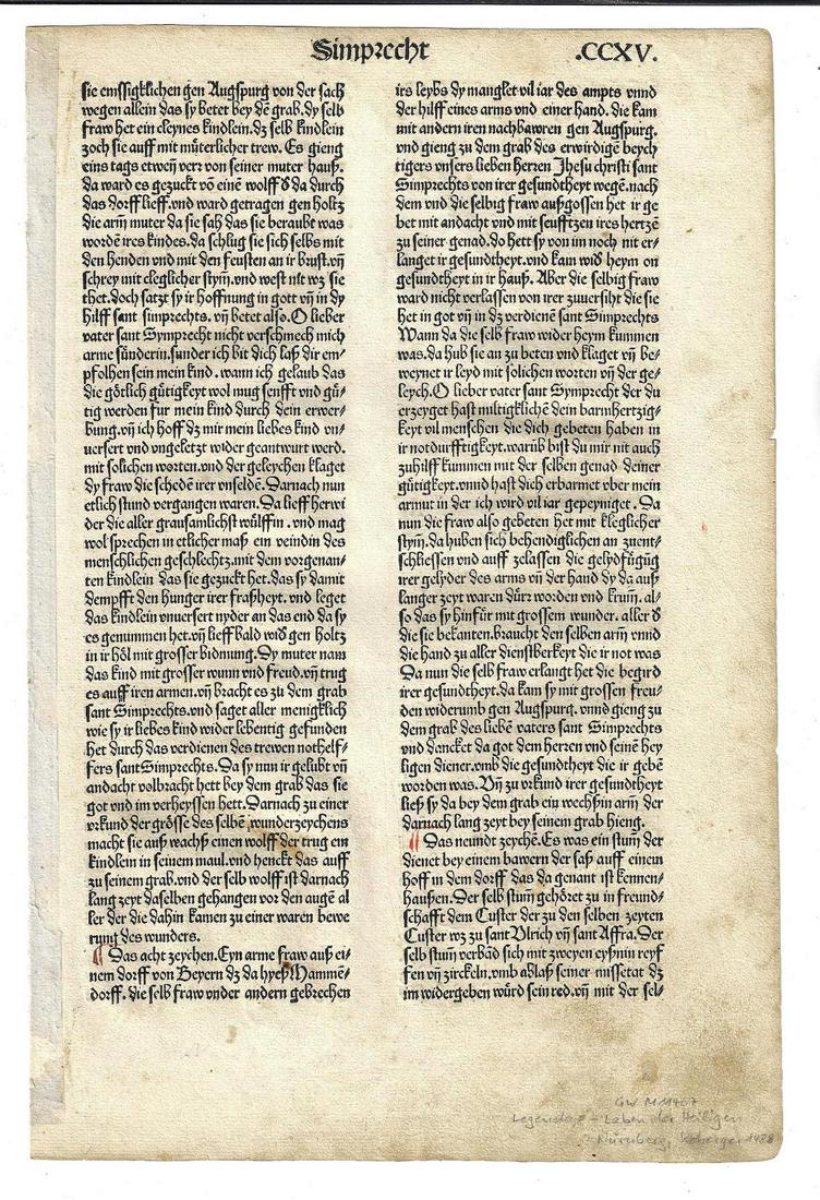 1488 German Incunabula Leaf Life of Saints (1 of 2)