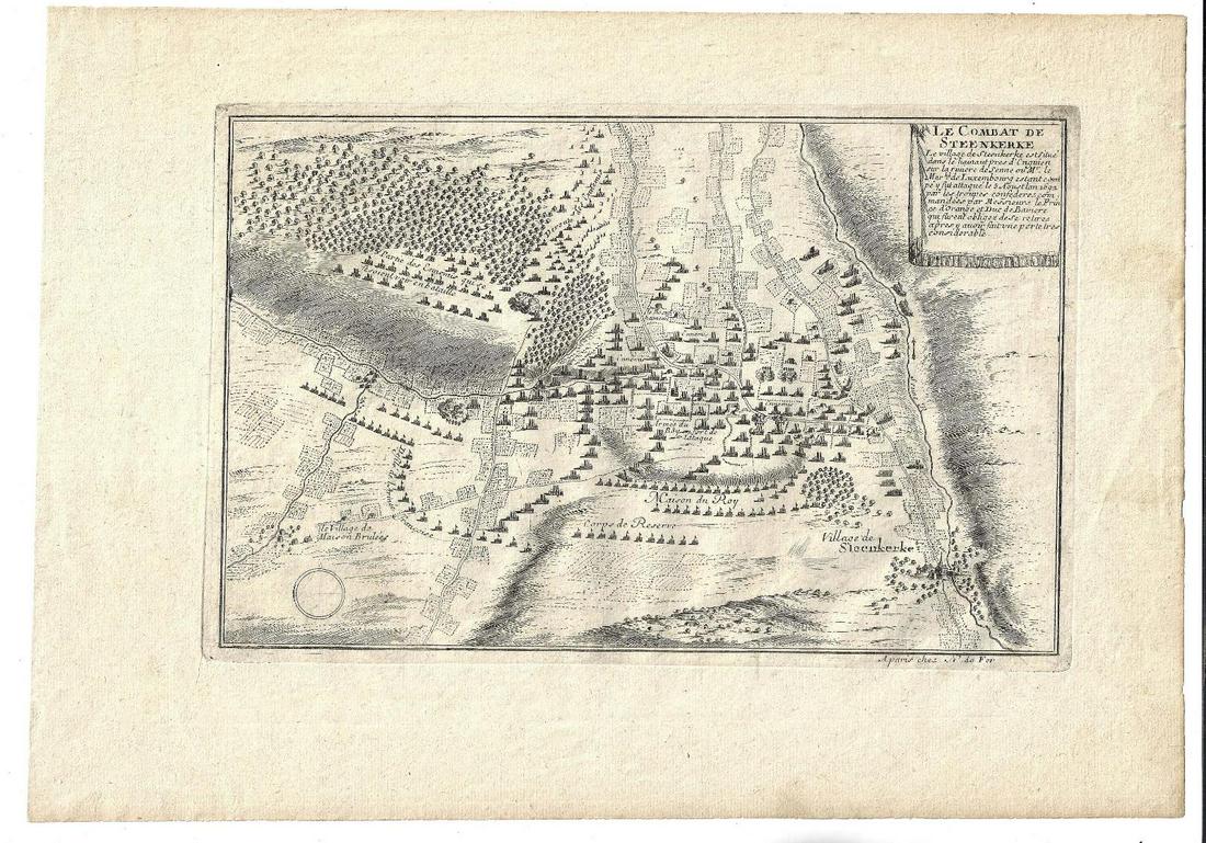 c1705 Engraved Plan Le Combat De Steenkerke: Engraved military plan entitled "Le Combat De Steenkerke" , engraved by Nicholas de Fer circa 1705, Belgium. Fine, measures 15 x 10.5" Reserve: $30.00 Shipping: Domestic: Flat-rate of $5.00 to anywher