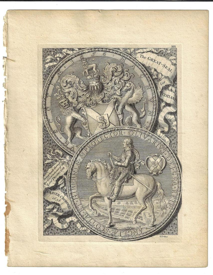 1753 Engraving Great Seal Oliver Cromwell Scotland: An engraving of the Great Seal of the Commonwealth in Scotland. Published at London by George Vertue, 1753. Fine condition, measures 9 x 11". Reserve: $30.00 Shipping: Domestic: Flat-rate of $5.00 to