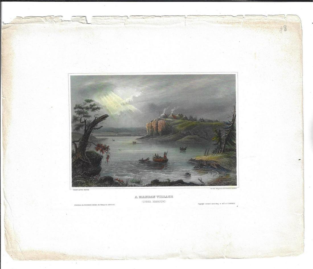 1852 Hand Colored Steel Engraving Mandan Village: Handcolored engraving of a Mandan Village in the Upper Missouri published by Hermann Meyer circa 1852, New York. Fine, light tatter to margins away from image. Measures 11 x 9". Reserve: $20.00 Shippi