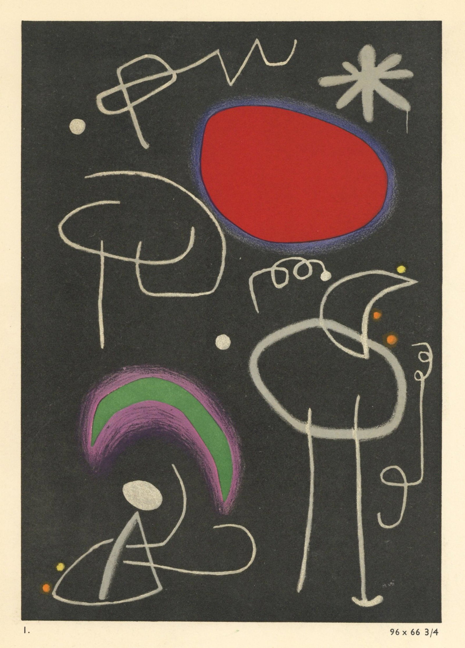 Joan Miro pochoir, 1953: Medium: pochoir (after the painting). Executed in 1953 and issued in an edition of 1350 for the rare exhibition catalogue "Miro Recent Paintings", published by the Pierre Matisse Gallery. The printing