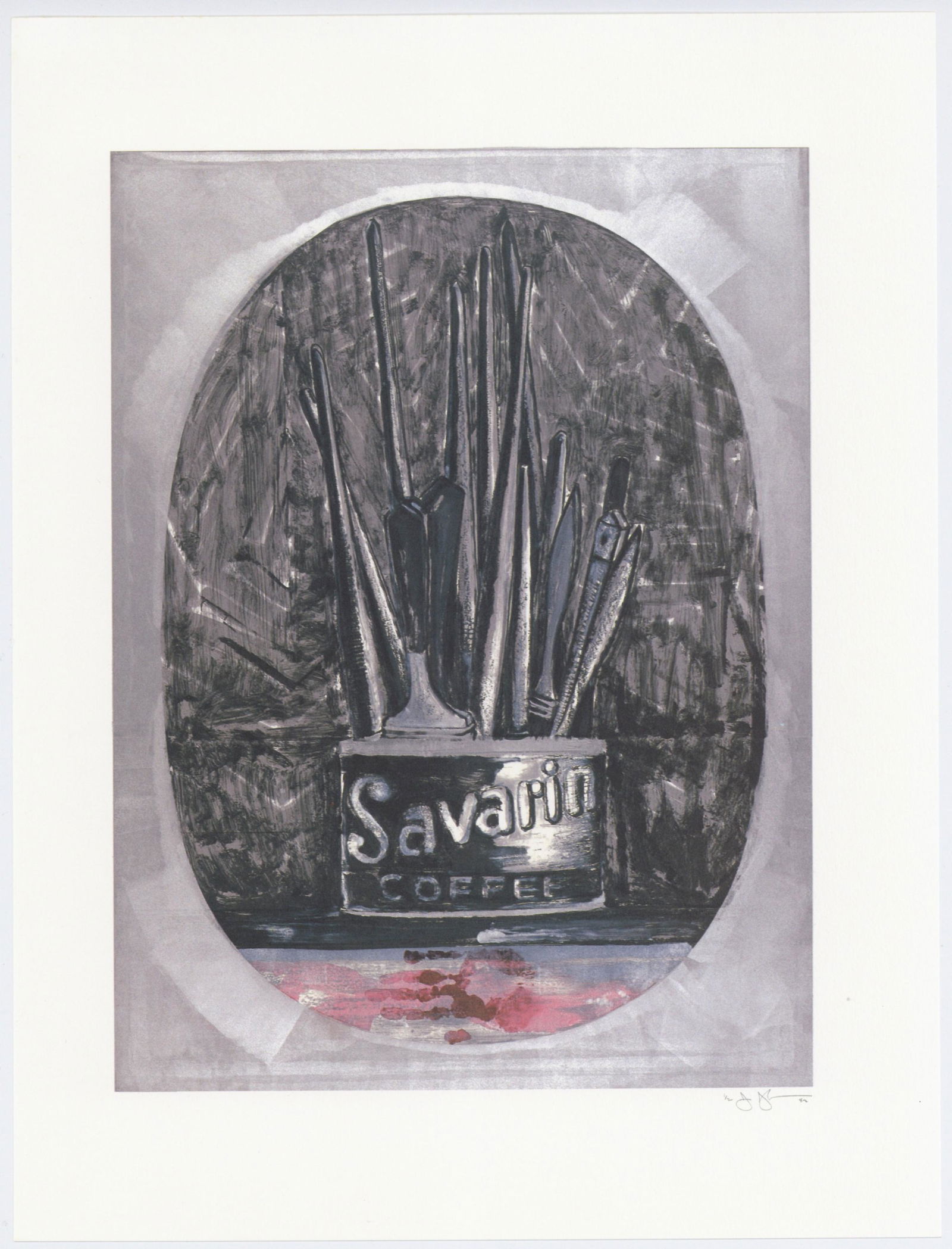 Jasper Johns "Savarin" 1982: Medium: offset lithograph (after the monotype). This is an offset lithograph reproducing one of Jasper Johns' Savarin monotypes, and it was printed by Norman Lithographers and published in 1982 by U.L