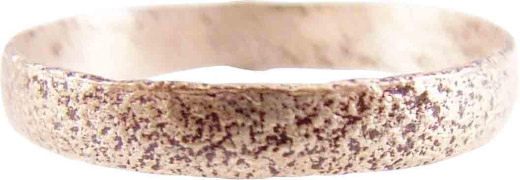 VIKING WEDDING RING, 850-1050 AD JEWELRY SIZE 9 ¼: Gilt bronze, size 9 1/4. Medium band 3.4mm, with a low rounded face. Surface textured from burial. Professionally refurbished with the pure silver overlay restored. Gift boxed with a certificate of au