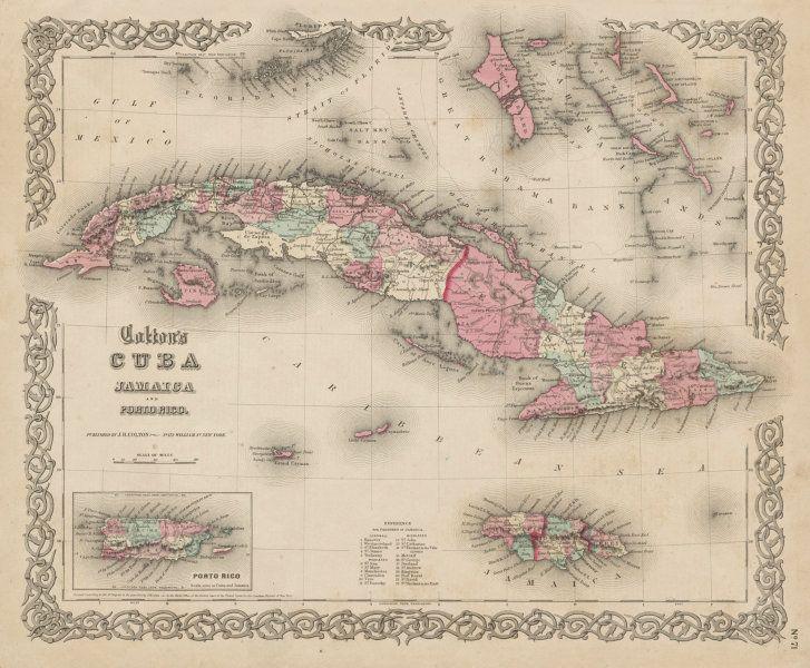 "Colton's Cuba, Jamaica and Porto Rico". Puerto Rico.: TITLE OF MAP (NOT PRINTED ON THE PAGE):'Colton's Cuba, Jamaica and Porto Rico' The top image on the right hand side shows the entire map. To view a close up of the map showing the level of printed det