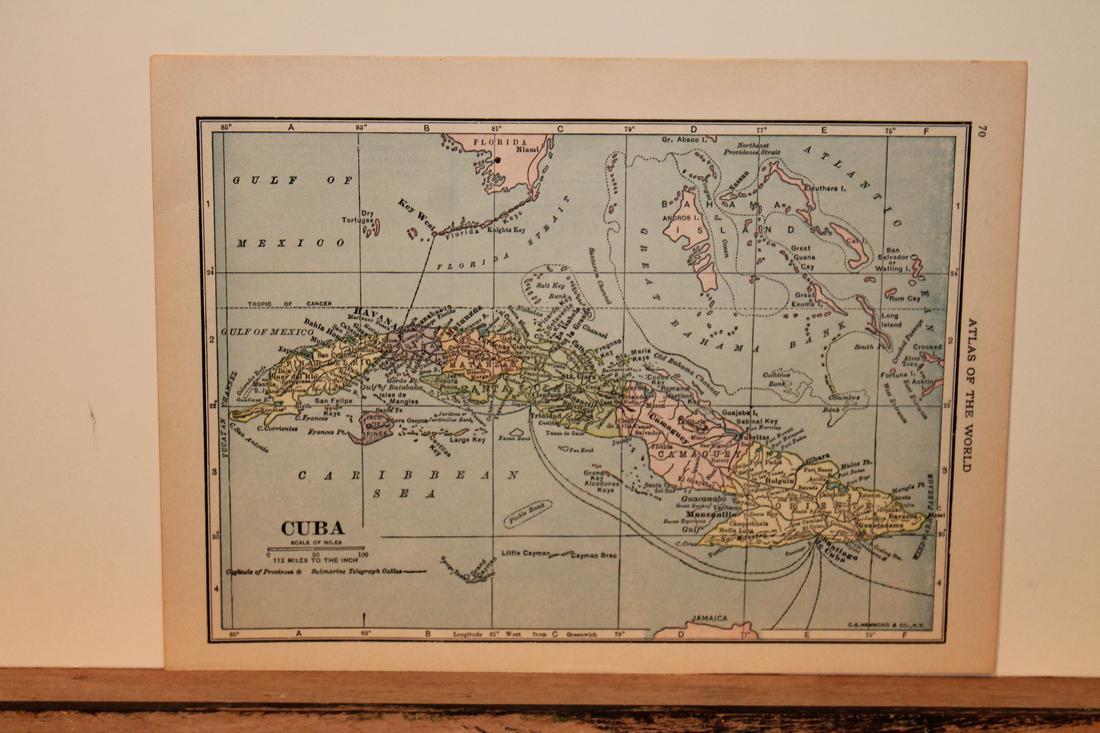 1917 Map of Cuba: Title: 1917 Map of Cuba Medium: Ink on Paper Dimensions: 8"X6" Map of the island of Cuba dated 1917. Published by Hammond and co in New York. Part of the Handy Atlas of the World. Color coded for terr