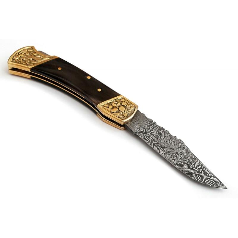 Damascus steel knife, horn and brass handle, leather (1 of 4)
