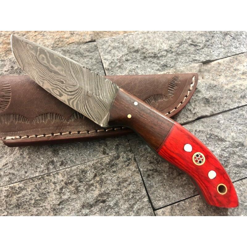 Damascus steel knife, wood handle, leather scabbard, (1 of 4)