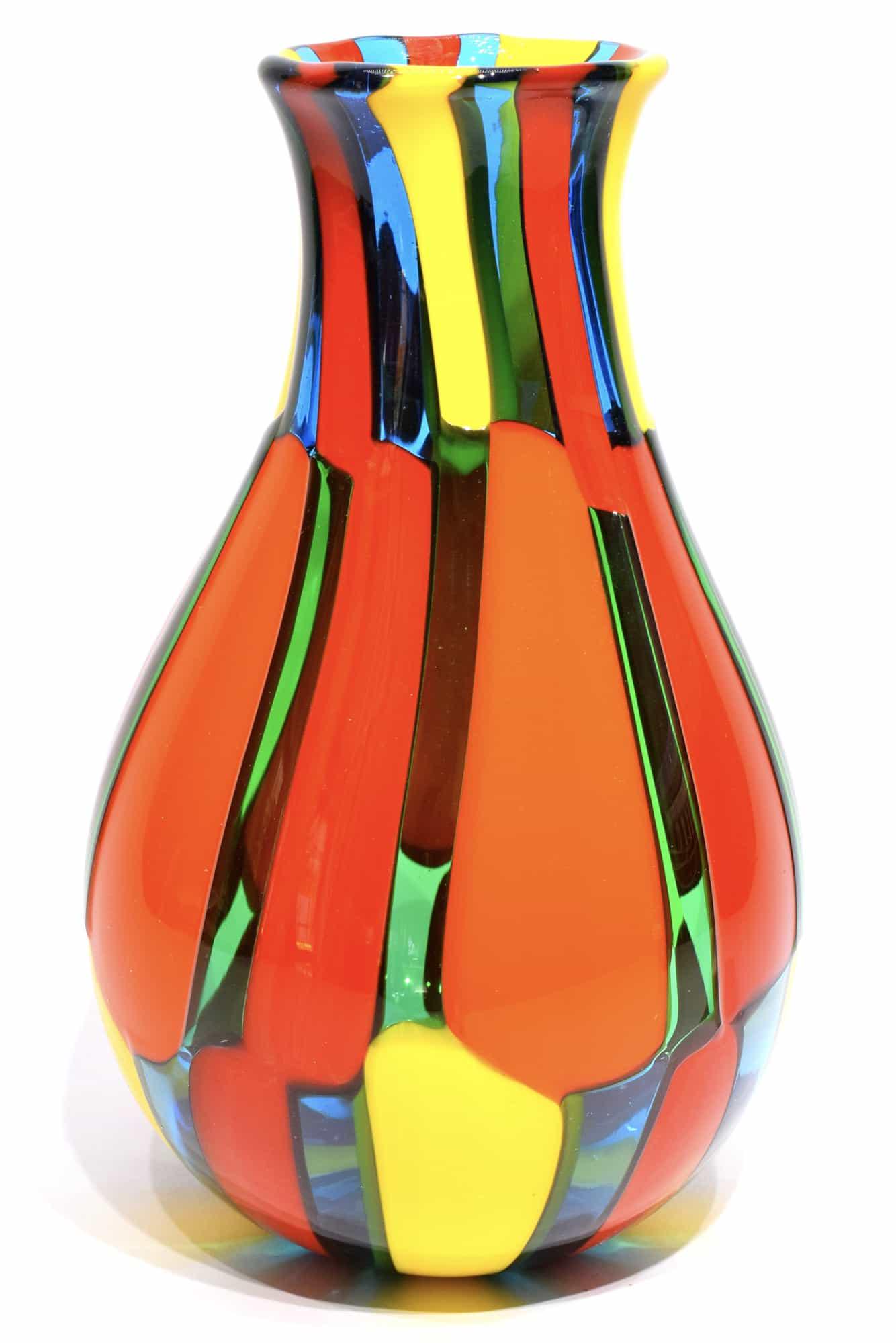 Murano glass vase pezzato signed: Title: Murano glass vase pezzato signed Maker: Angelo Ballarin Origin: Murano Date/Period: 2018 Material: glass Size: 19 x 11,5 cm 315 grams Additional Information: Glass vase pezzato, made by glass m