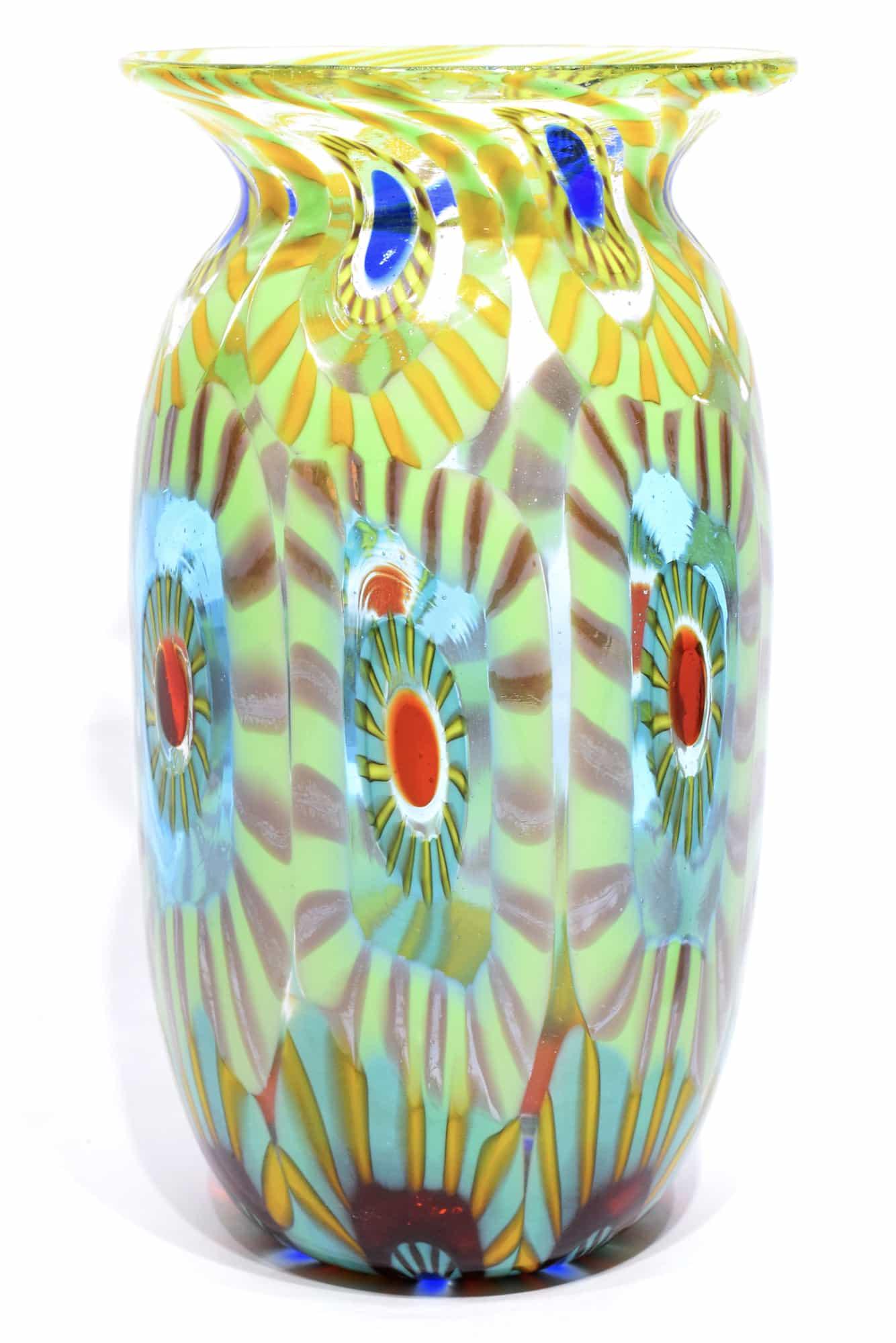 Murano glass millefiori vase signed: Title: Murano glass millefiori vase signed Maker: Mario Formentello Origin: Murano Date/Period: 2019 Material: Glass Size: H. 17 cm, L. 9 cm, P. 270 grams Additional Information: Murano glass millefio