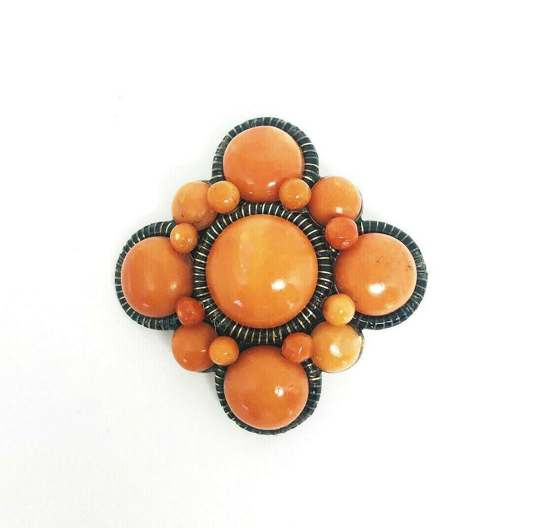 VICTORIAN Coral 14K Yellow Gold Black Enamel Brooch Pin (1 of 4)