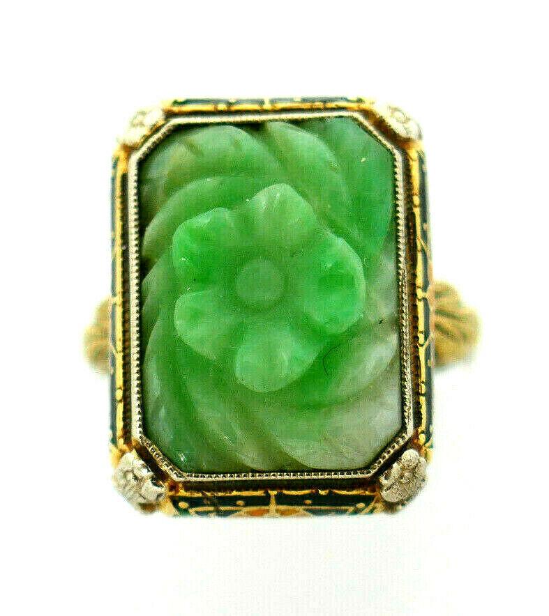 Victorian Carved Jade Enamel 14k Two Tone Gold Ring (1 of 7)