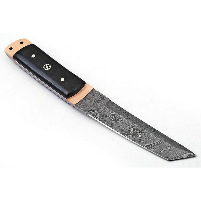 Damascus steel knife, buffalo horn handle, leather: Knife "Woodpecker" made of damascus steel. Handle - buffalo horn and scabbard - leather. Damascus knives are very durable, look great and keep sharpness perfectly. Damascus steel has high quality cont