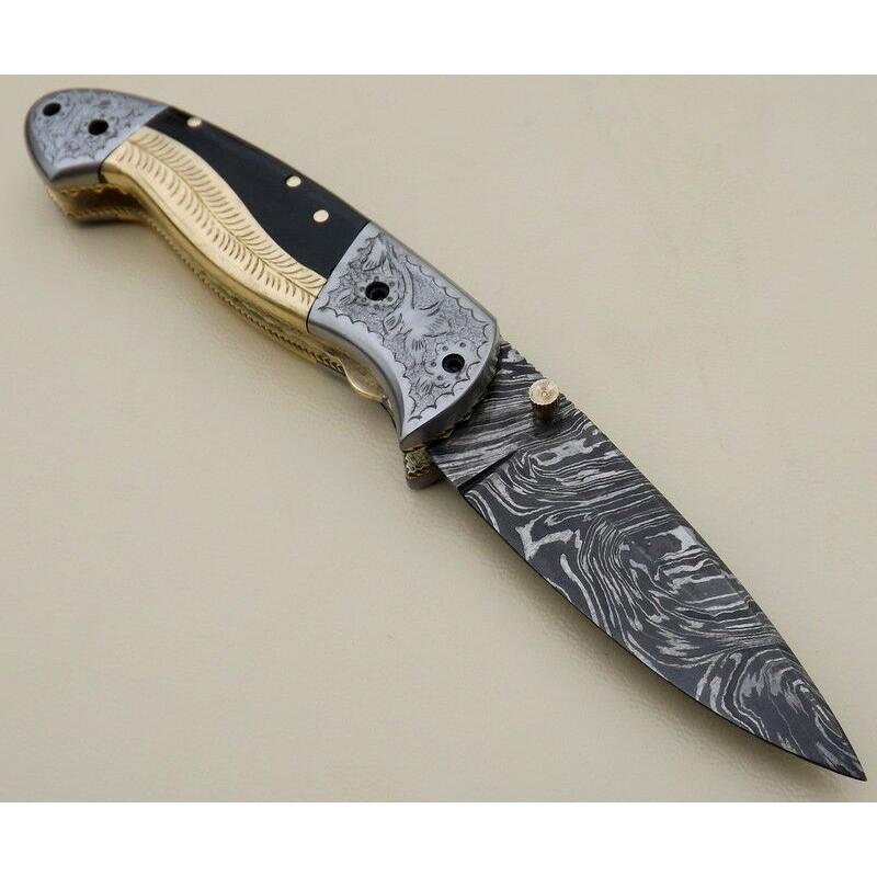 Damascus steel knife, buffalo horn, brass, copper and (1 of 4)