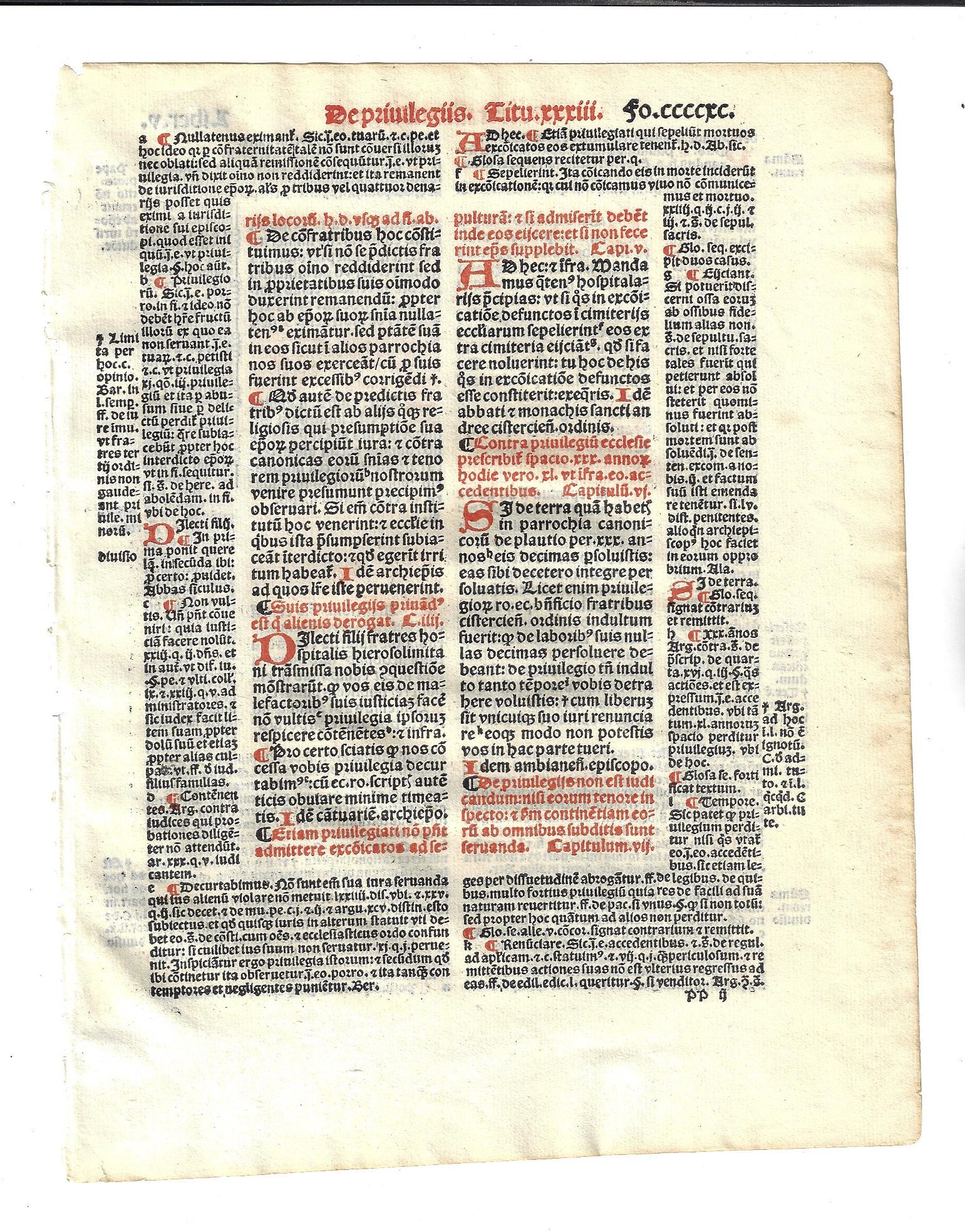 1516 Leaf Decretales of Gregory IX Paris: A beautiful leaf from the Decretals of Pope Gregory IX printed at Paris in 1516. The decretal surrounded by annotations. Fine condition, measures 7 x 9". Accompanied by color copy of the title. Reserv