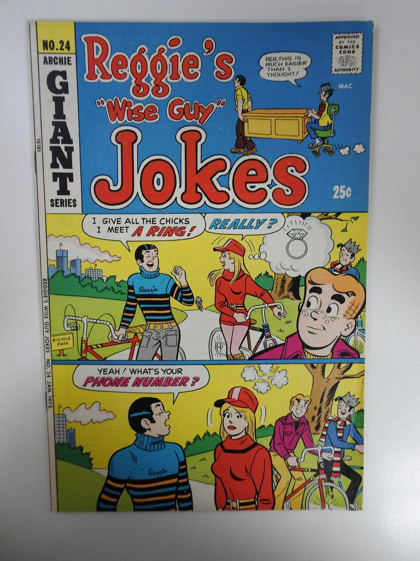 Reggie's "Wise Guy" Jokes #24: No Reserve! Reggie's "Wise Guy" Jokes #24. FN+ Shipping: Individual Comics: Flat-rate of $9.99 (1-8 comics) or $19.99 (9+ comics) to anywhere within the contiguous U.S. International: Foreign shipping