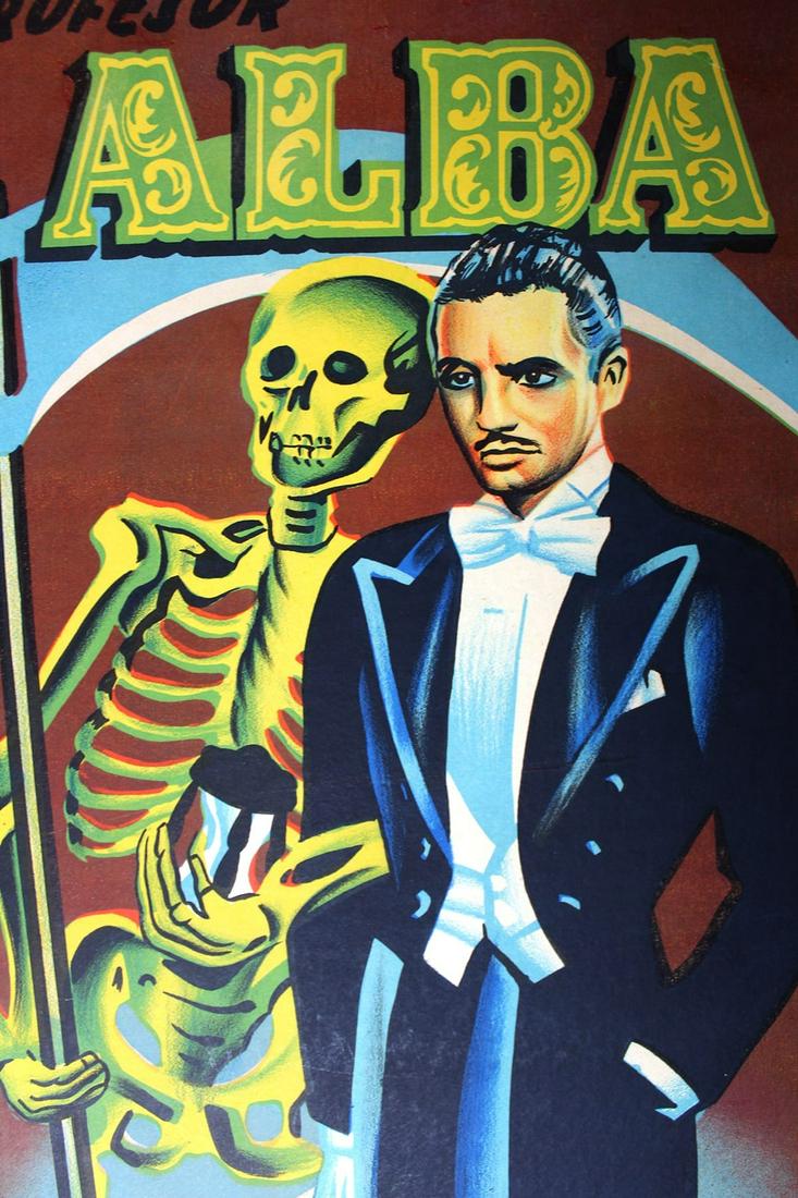 Alba (Spain, 1959) Magician Movie Poster 12.4" x 26.7": Alba (Spain, 1959) "Profesor Alba....El Humbre Que Juega Con La Muerte" which translates to "The Man Who Plays with Death". Printed by Graficos, Valencia in Spain. Stone lithograph poster, linen backe