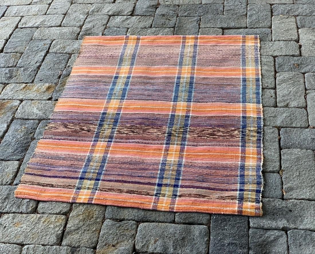 Complex diminutive Rag Carpet, early 20th c: Title: Complex diminutive Rag Carpet, early 20th c Description: Elaborate color shading, peach, blue, black. Striking color palette. Dimension: 4 ft. 6 in. x 44 in. Shipping: Domestic: Flat-rate of $3