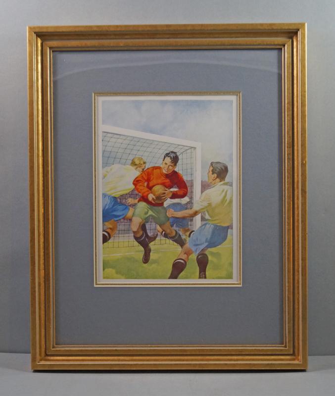 Boys Playing Soccer Sport 1930's Print: Title: Boys Playing Soccer Sport 1930's Print Date: Circa 1930's. Dimension: Frame - 12 1/2" wide x 15 1/2" tall. Visible print - 6 1/2" wide x 8 7/8" tall. Provenance/Additional Info: Vintage Boys Pl